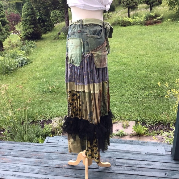 Boho up-cycled tiered patchwork overdyed jean / cotton distressed maxi skirt M/L - Picture 8 of 9